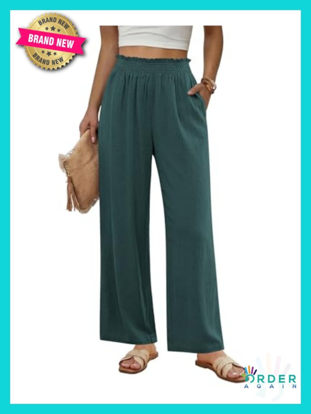 Wide Leg Linen Pants High Waisted Paper Bag Smocked Waist Casual Palazzo